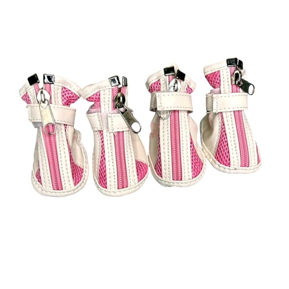 Small Dog Pet Shoes Booties Pink White Zip Non Slip Soles Size XS